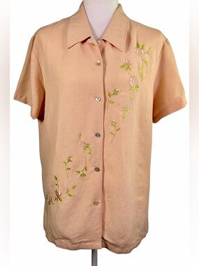 Emma James Linen Blend Coral Button-Front-floral Embroidered Top Size 12